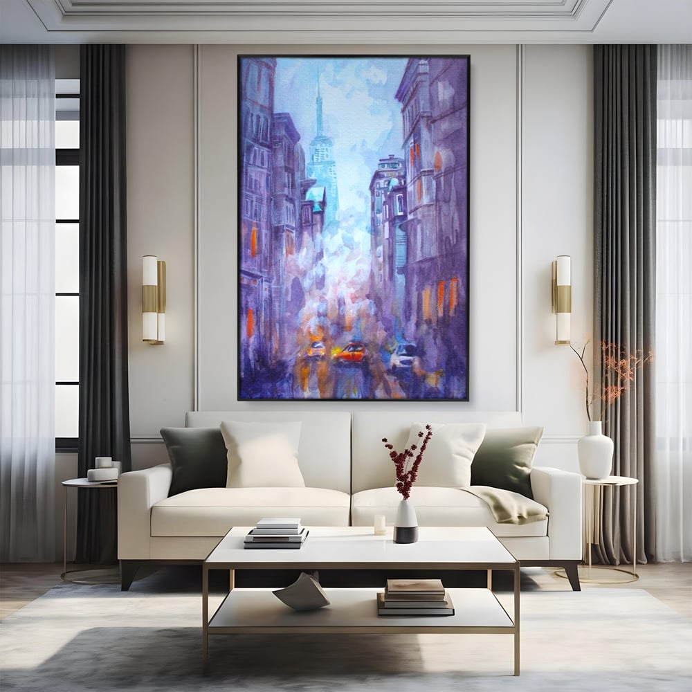 Tablou canvas cu tablou canvas pictura urbana cu masina portocaliu, in rama de aluminiu negru, pe perete intr-un living
